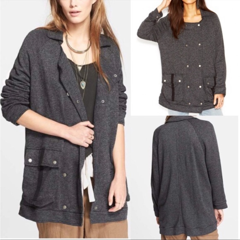 Free People Oversized Slouchy Linen Cotton Blend Knit Jacket Charcoal